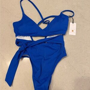 Shade & Shore Royal Blue Ribbed Two-Piece Bikini with Side Tie